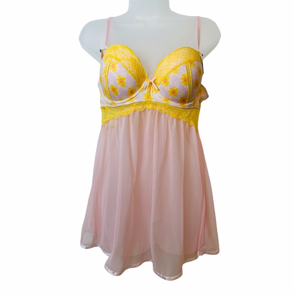 Mimosa Pink Daisy Sheer Floral Lace Babydoll NEW!